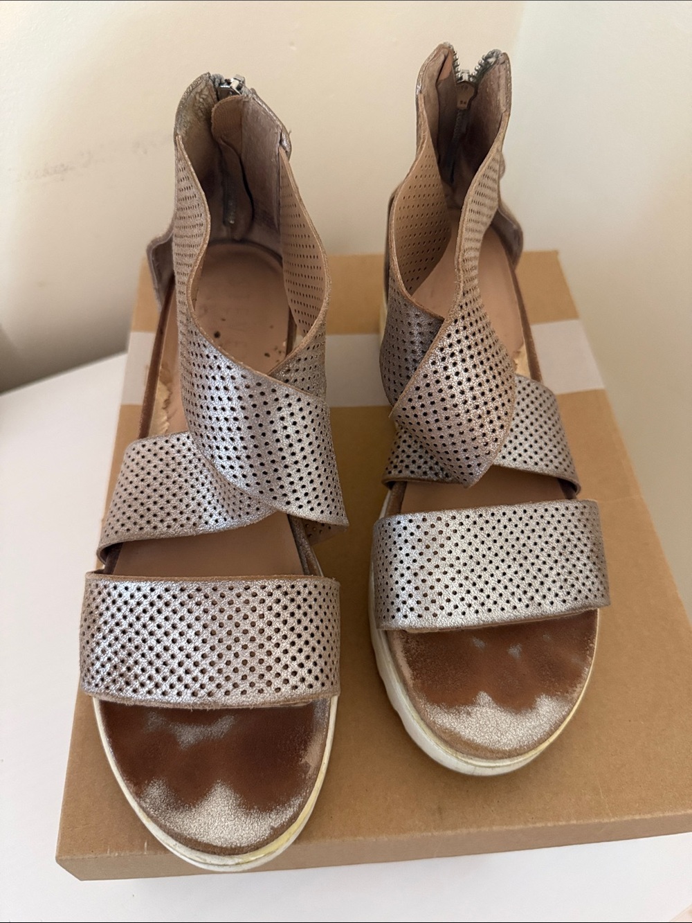 Steve Madden Metallic Perforated Crisscross Sandals - Rose Gold